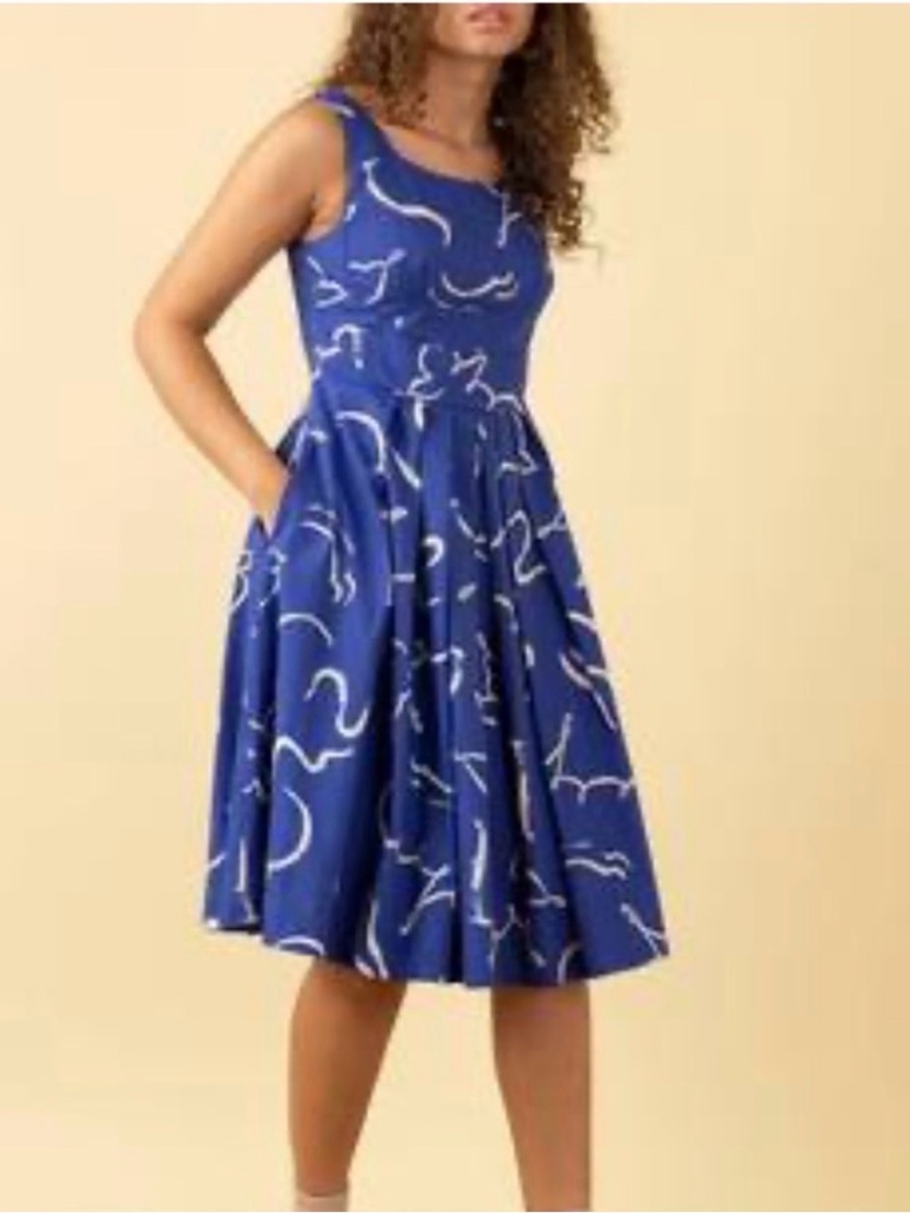 Emily and Fin Blue Patterened Isobel 100% Cotton Midi Fit-and-Flare Dress